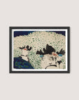 The "Four Ladies with Fancy Hats" painting is framed in black oak and showcases an abstract composition with a blend of green, blue, black, and beige brush strokes. The artwork features two central, undefined forms set against a speckled background that hints at a natural or landscape scene. Its versatile design seamlessly complements various interior styles.