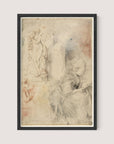 The framed sketch titled *Figure Studies* by Gabriel Jacques de Saint-Aubin features a child engrossed in writing or drawing, with the faint outline of a classical statue of a standing figure in the background on the left side. This exquisite print showcases detailed pencil work with subtle hints of faded colors, culminating in a vintage, ethereal feel set against a Black Oak frame.