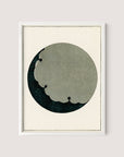 Moon is a framed abstract artwork that draws inspiration from Japanese aesthetics, featuring a large, irregularly shaped gray circle with three small cutouts reminiscent of cloud shapes. The piece is set against a dark, textured background on a cream-colored canvas. Its streamlined white oak frame complements the artwork perfectly, making it an ideal addition to any setting that could grace the pages of a Japanese design magazine like Shin-Bijutsukai.