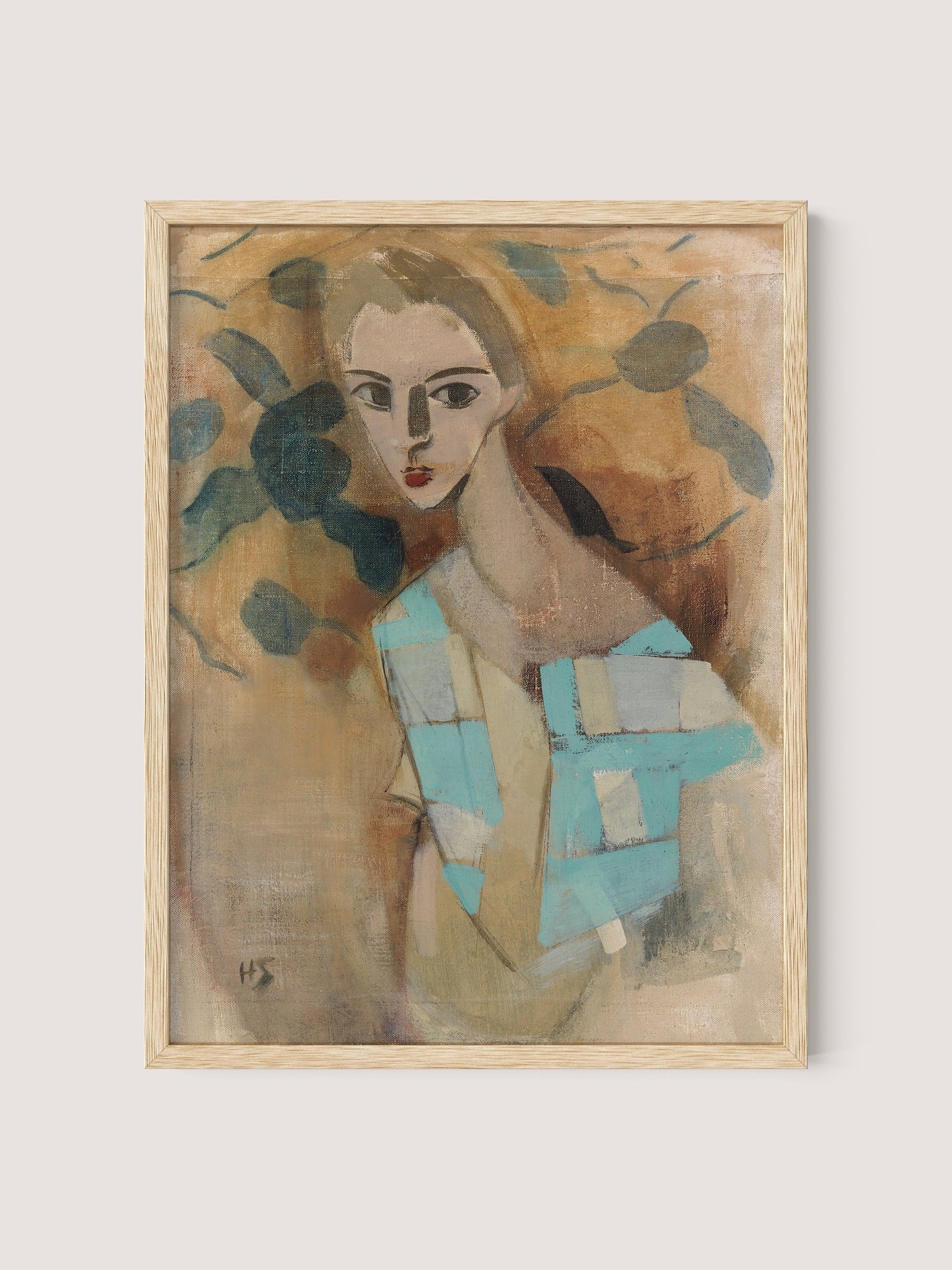 Introducing "Girl from Eydtkuhne ii" – a framed abstract painting featuring a person with geometric features and a stylized face, set against a backdrop of earth tones. The subject's attire, resembling a mosaic-styled shirt, boasts striking blues and beige blocks. The combination of angular and curved lines creates a compelling visual experience, all elegantly framed in natural oak.