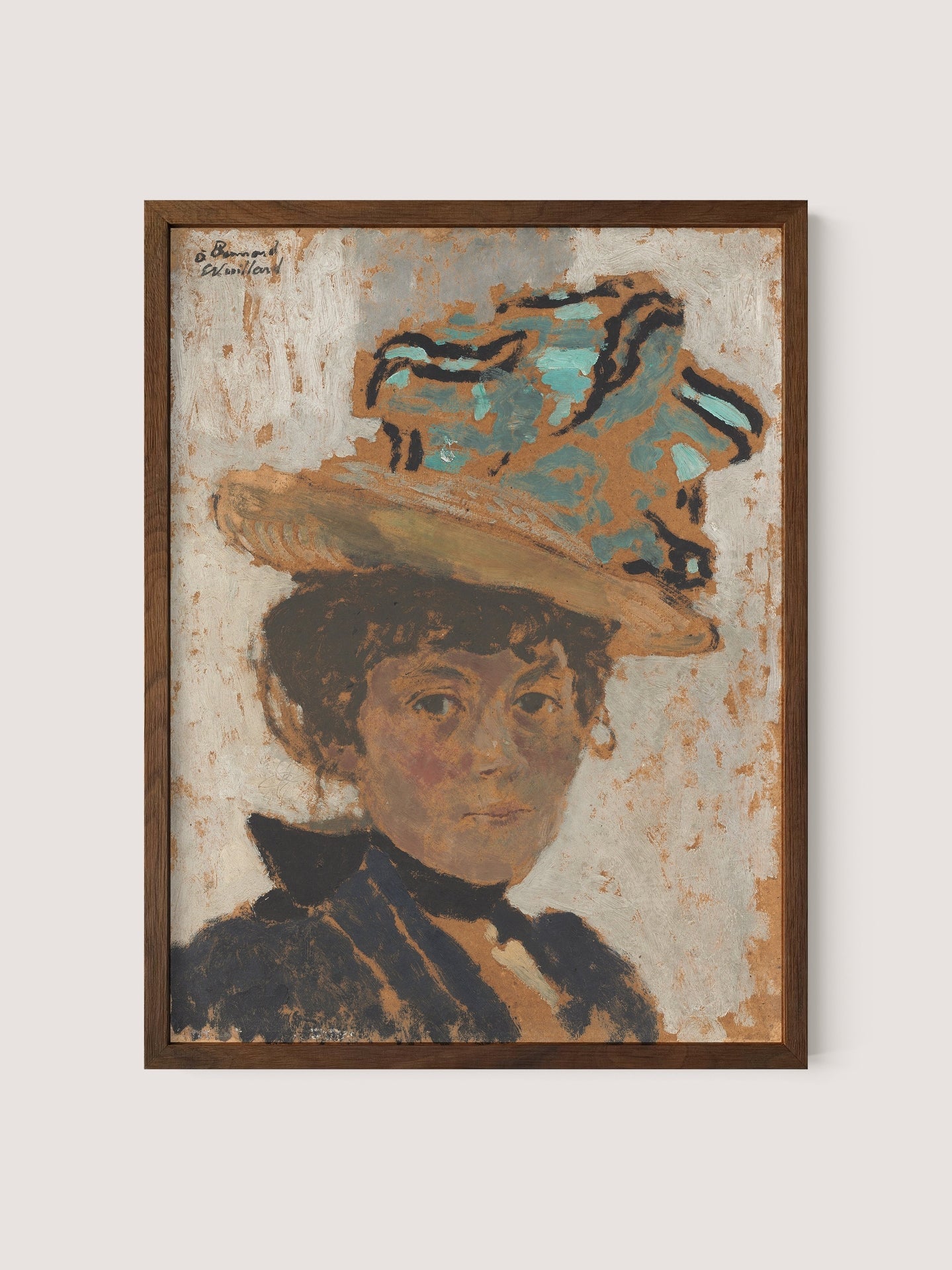 The framed painting print titled &quot;Madame Bonnard&quot; portrays a woman with a neutral expression, adorned in a large hat featuring blue and tan tones, and dressed in a dark-colored outfit. The artwork showcases textured, impressionistic brushstrokes reminiscent of Edouard Vuillard’s style, evoking a vintage and expressive ambiance. The frame is available in the elegant Walnut Oak color.