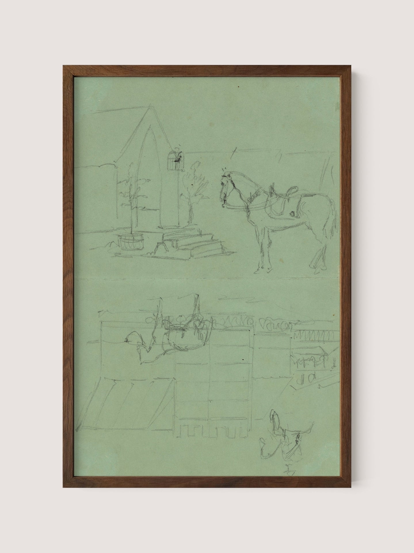 A framed pencil sketch titled &quot;Horses &amp; Tents&quot; by Alfred R. Waud, rendered in Walnut Oak, showcases a horse with riding gear in front of an arched structure with a doorway. Below the primary scene are incomplete sketches of buildings and what appears to be a horse carriage, capturing a moment of rest during wartime.