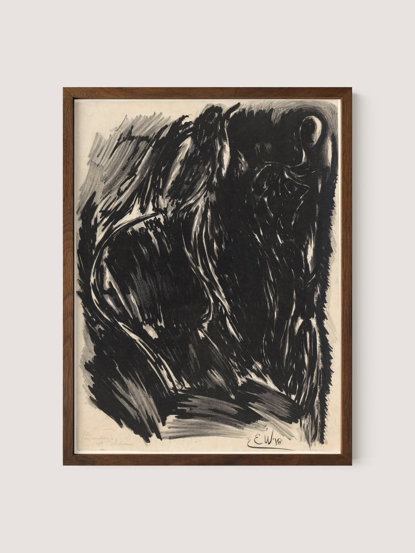 Stormy Abstraction&quot; is an abstract black and white drawing showcasing bold, chaotic strokes that convey a sense of movement and intensity. This powerful lithograph exudes elemental drama. The framed artwork is signed &quot;E. W.&quot; in the lower right corner and is presented in a walnut oak frame against a plain white wall.