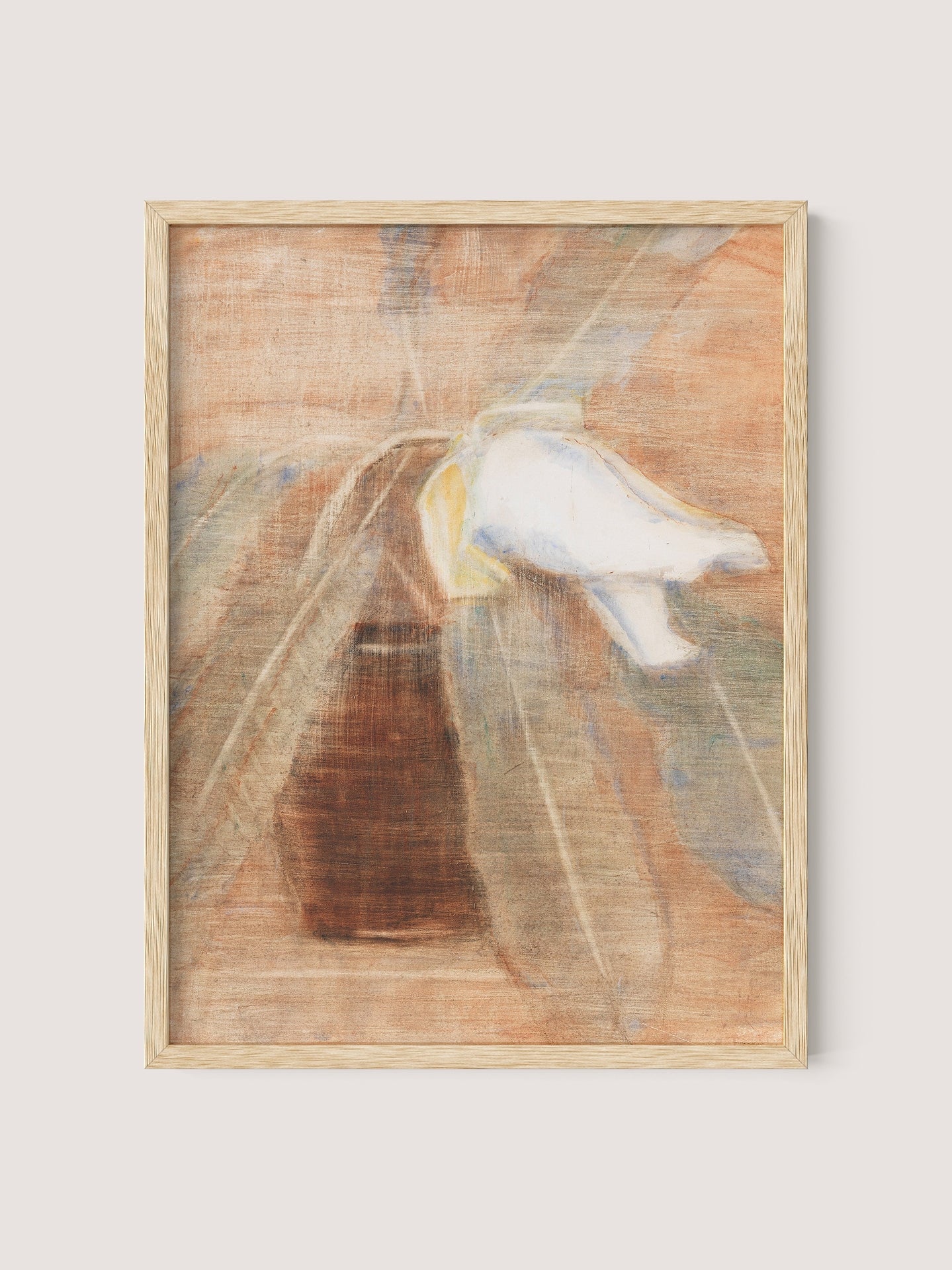 The "Magnolia Knot in Krug" framed artwork features an abstract depiction of a white flower with green and brown leaves on a light brown, textured background. The painting's soft, blurred lines and muted hues give it an ethereal quality, perfectly complementing various interior styles. The frame is made of natural oak.