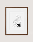 Introducing the Samantha Michell II, a limited edition minimalist line drawing featuring a nude figure sitting on a stool. With its sleek black lines set against a pristine white background, this artwork emphasizes the figure's contours and posture. Framed in elegant Walnut Premium Oak, this original piece embodies modern and abstract style.