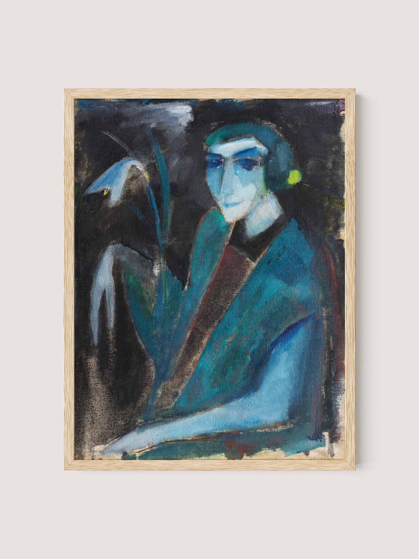 The "Portrait of a Lady with Lily" framed in Natural Oak showcases a captivating abstract figure adorned in striking blue hues, clutching a long, curved object. The dark background is accented with touches of yellow and white, creating a stark contrast against the vibrant figure's attire, making this piece an elegant addition to diverse interior styles.