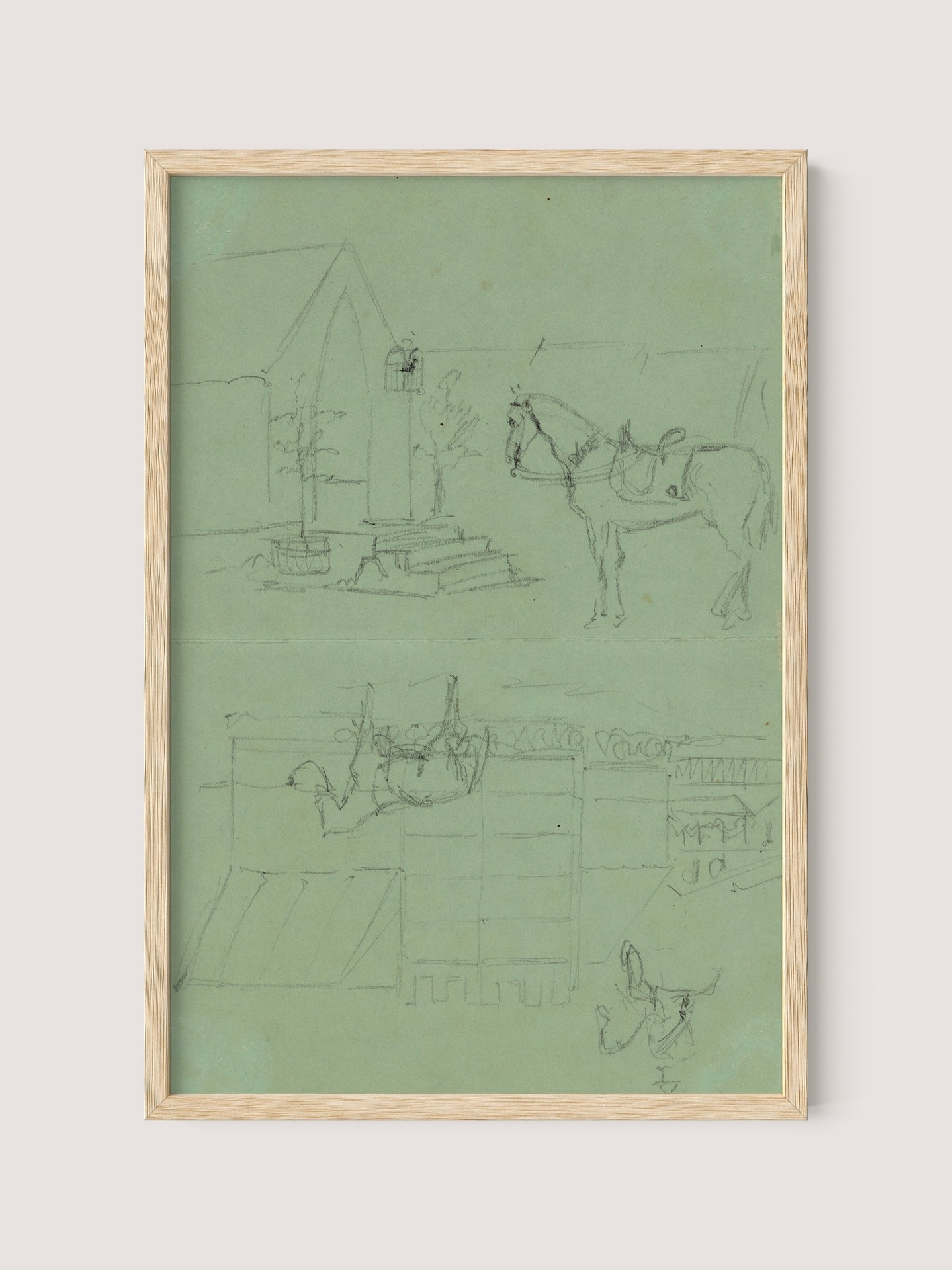 The "Horses & Tents" framed sketch print in Natural Oak showcases two simplistic and outline nature scenes attributed to Alfred R. Waud. The top scene features a horse near an arched entrance, while the bottom depicts a building facade with a figure and a horse, capturing moments of rest during wartime.