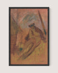 An abstract painting titled "Farmer," reminiscent of Arnold Peter Weisz-Kubínčan, features a seated figure in muted earth tones with a blurred background. The figure, rendered in soft, undefined shapes, appears contemplative. Dominated by shades of brown and orange with hints of teal, this piece is framed in elegant Black Oak.