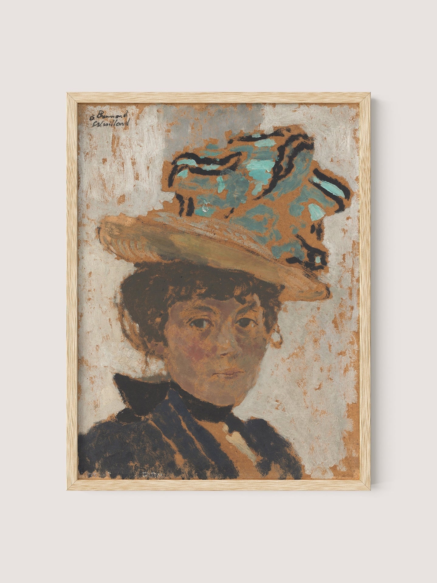 The "Madame Bonnard" framed painting print features a woman named "Madame Bonnard" wearing a large hat adorned with blue ribbon. She is dressed in dark garments set against a textured, muted background. The artist, Edouard Vuillard, has signed the painting in the upper left corner, and it comes in a natural oak frame.