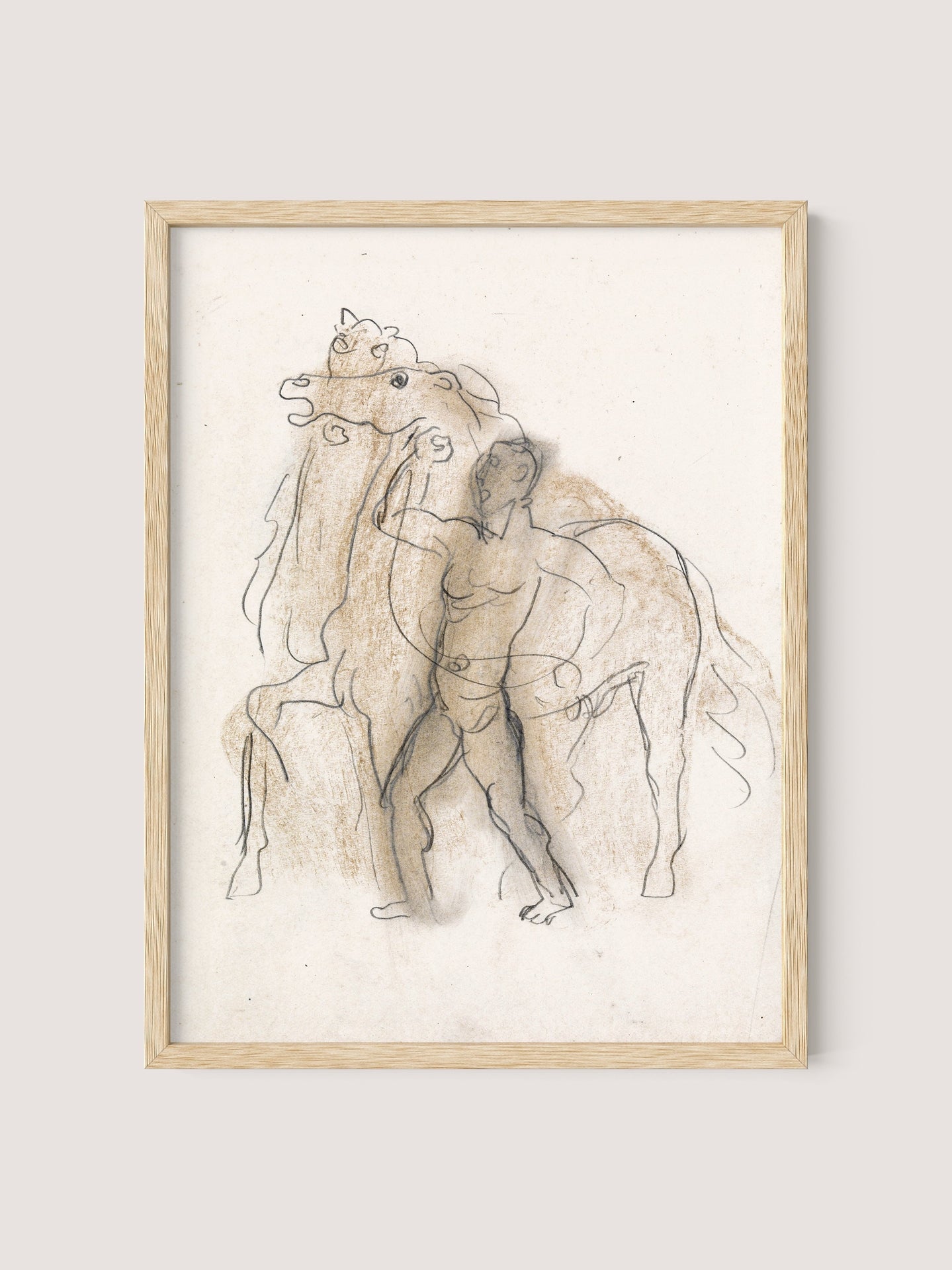 The "Man & Horses" framed artwork showcases a minimalist line drawing of a person standing next to a powerful steed. The outlines are sketched in black with some areas shaded in rich brown conte, creating a simple yet expressive composition reminiscent of a Leo Gestel sketch, and it is beautifully framed in natural oak.