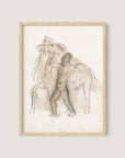 The "Man & Horses" framed artwork showcases a minimalist line drawing of a person standing next to a powerful steed. The outlines are sketched in black with some areas shaded in rich brown conte, creating a simple yet expressive composition reminiscent of a Leo Gestel sketch, and it is beautifully framed in natural oak.