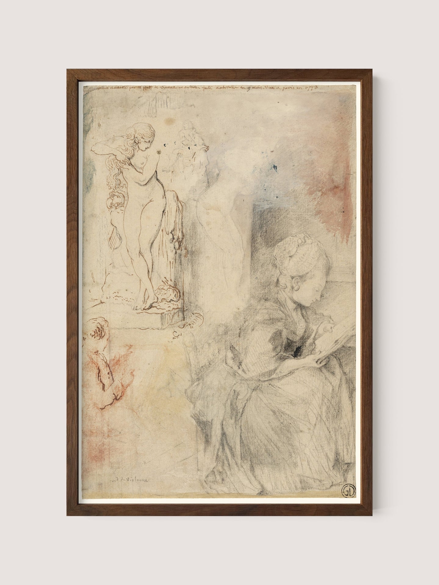 Introducing &quot;Figure Studies&quot; – a framed sketch featuring a detailed drawing of a seated figure, possibly a woman, reading or writing in the foreground. To the left, there is a faint outline of a nude statue, possibly a classical figure. This exquisite print evokes the delicate artistry of Gabriel Jacques de Saint-Aubin, an 18th-century master printmaker. The frame comes in an elegant Walnut Oak color that adds to its timeless charm.
