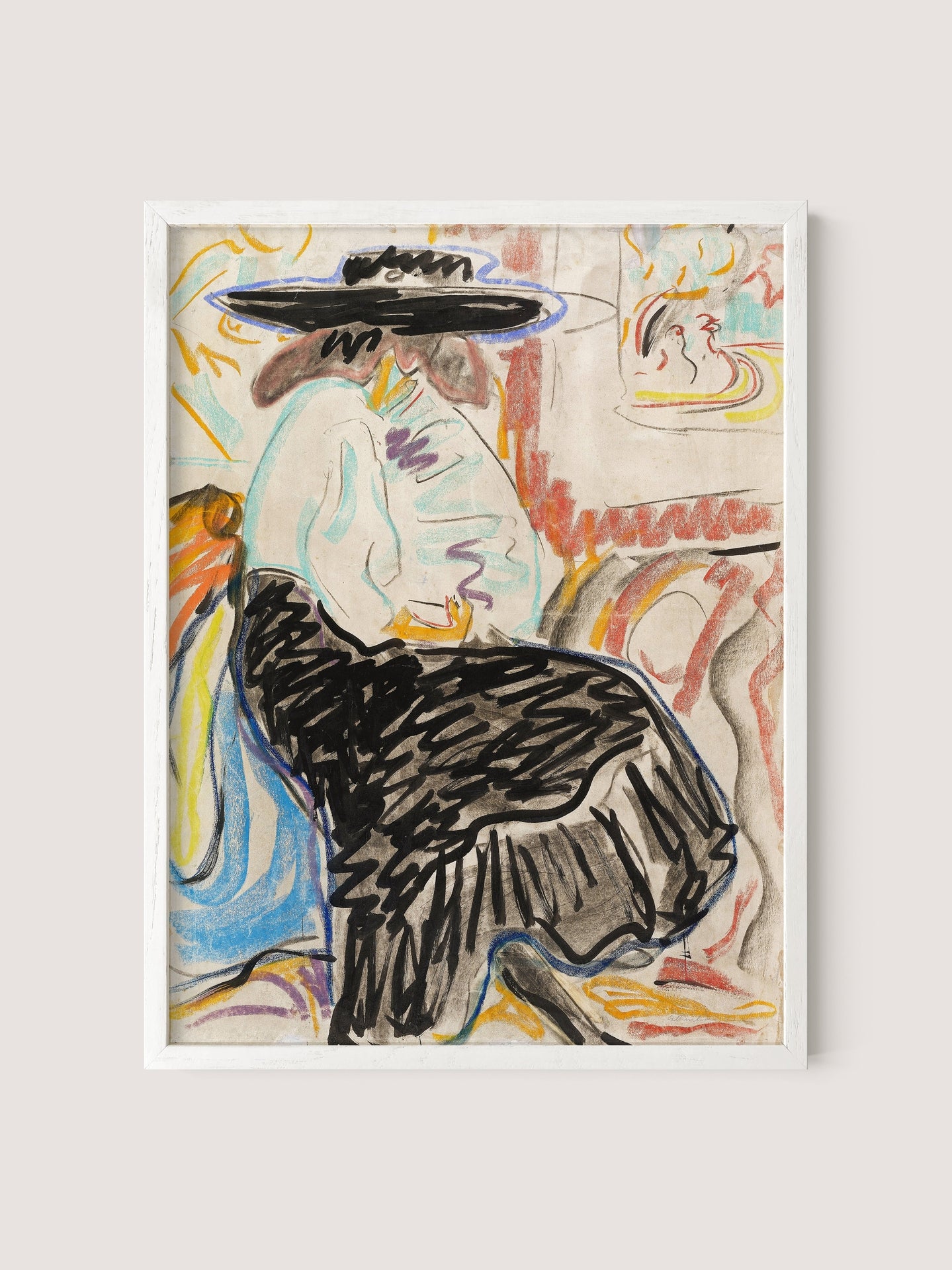 Seated Woman in the Studio&quot; is a framed abstract painting featuring a figure seated, adorned in flowing black attire and a prominent hat. The composition echoes Kirchner&#39;s figurative style with its colorful, swirling background lines and a partially visible face sketch in the top right corner. The palette combines muted tones with vibrant accents, all housed within an elegant white oak frame.