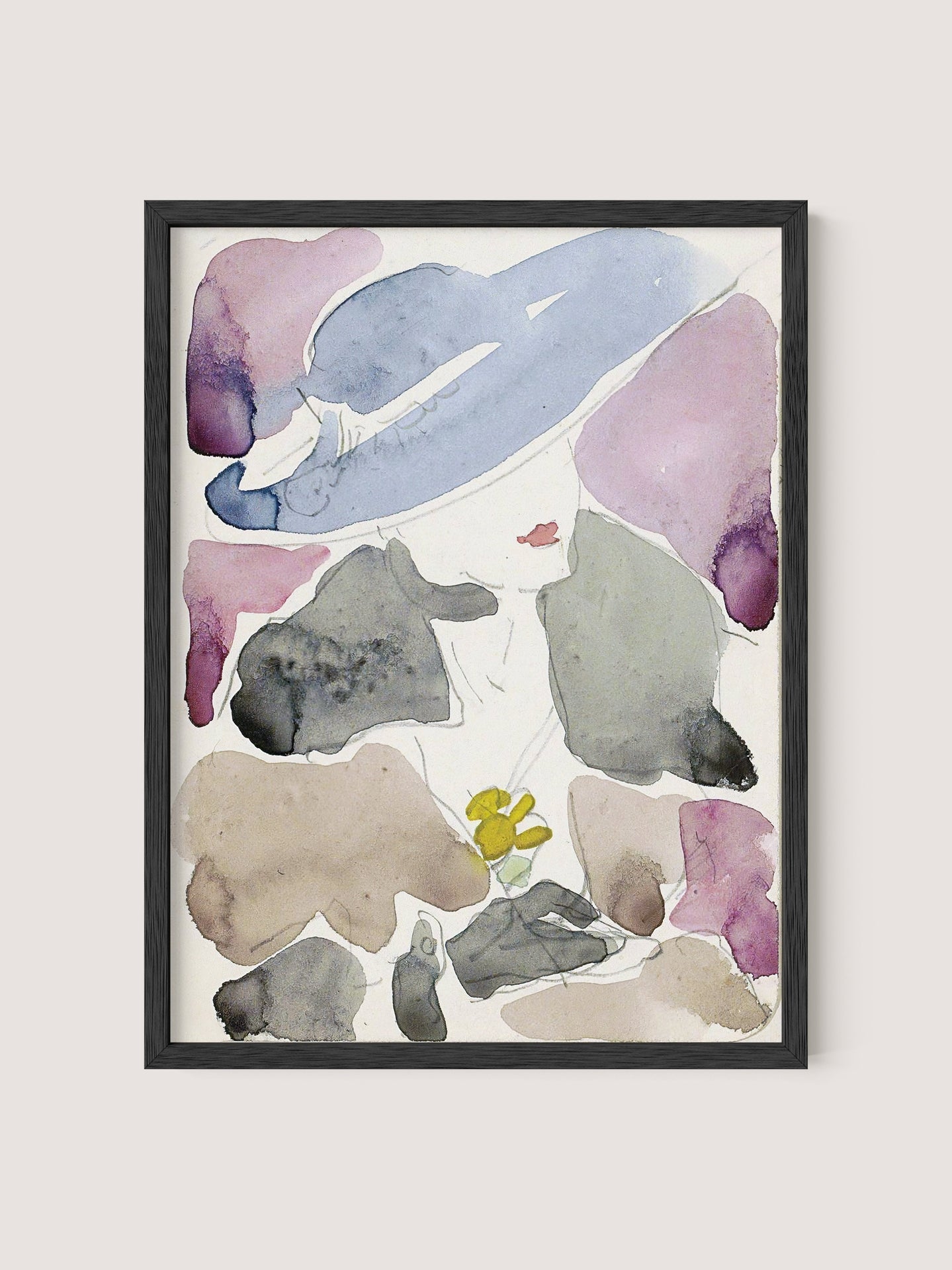 Abstract watercolor painting titled "Dutch Woman," elegantly framed in Black Oak, featuring a fashion-forward figure adorned in a blue hat. The artwork incorporates muted tones of purple, grey, and beige seamlessly interspersed throughout the composition. A small yellow flower is meticulously placed near the bottom center against an off-white background that evokes the style reminiscent of Reijer Stolk.