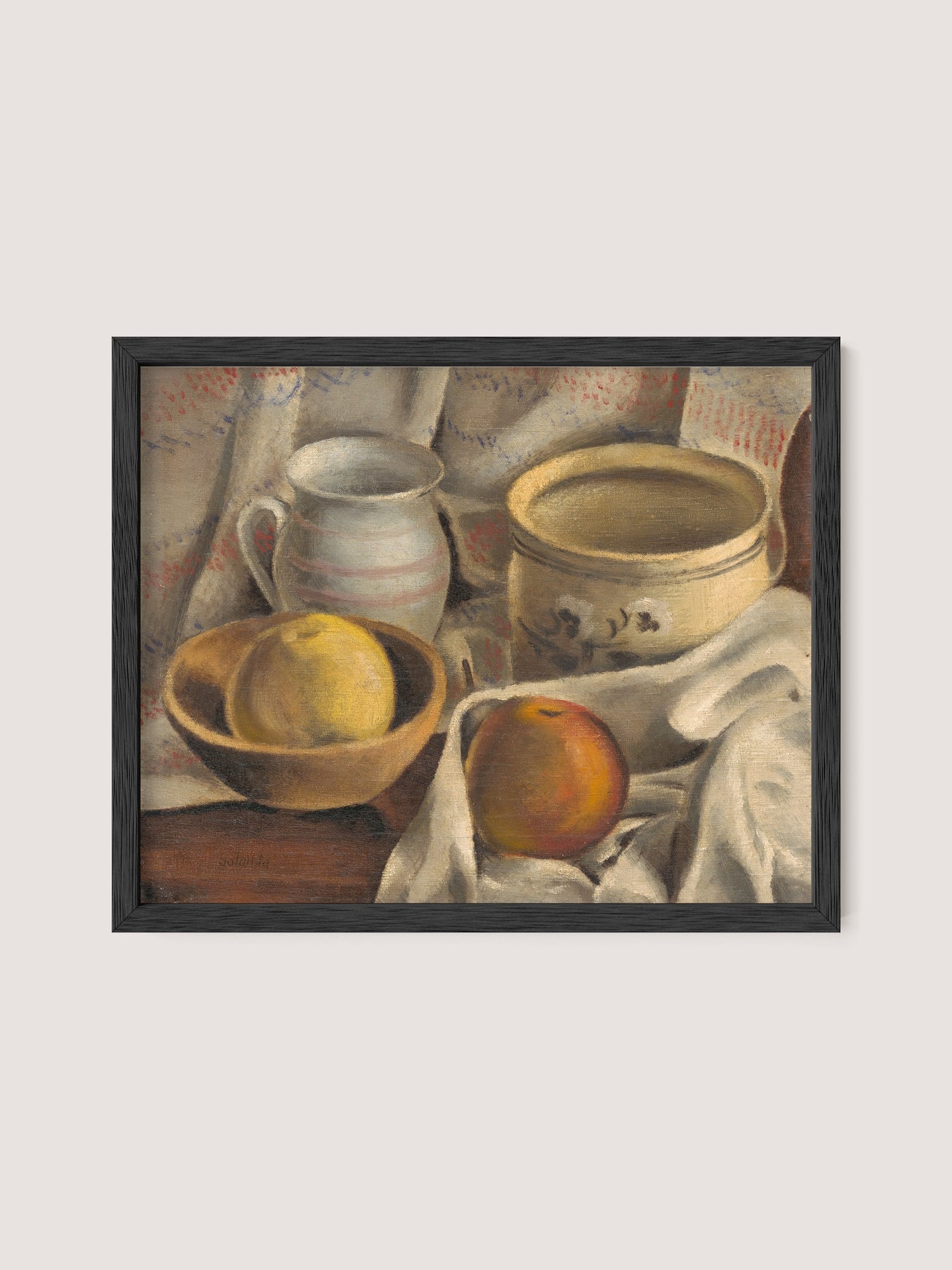 The framed "Still Life with Ceramic Pots and Apples" presents a bowl containing a lemon, an apple, a ceramic jug, and a large ceramic bowl, all artfully placed on a draped cloth. The backdrop showcases a patterned cloth that enhances the warm neutral tones of the scene, making it an ideal addition to your kitchen or hallway decor. The piece comes in an elegant Black Oak frame.