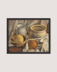 The framed "Still Life with Ceramic Pots and Apples" presents a bowl containing a lemon, an apple, a ceramic jug, and a large ceramic bowl, all artfully placed on a draped cloth. The backdrop showcases a patterned cloth that enhances the warm neutral tones of the scene, making it an ideal addition to your kitchen or hallway decor. The piece comes in an elegant Black Oak frame.