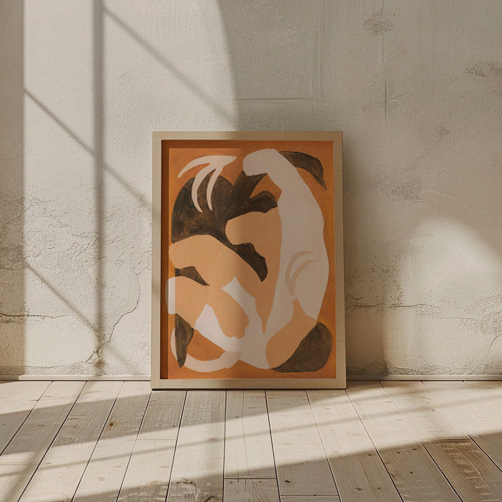 The artwork, *Swan Study I*, with its framed abstract depiction of dark brown and white shapes, is propped against a textured, light-colored wall. Sunlight from an unseen window casts shadows across the floor and wall, creating a warm and serene atmosphere in the room, as if mimicking a poetic dance of light and shadow.