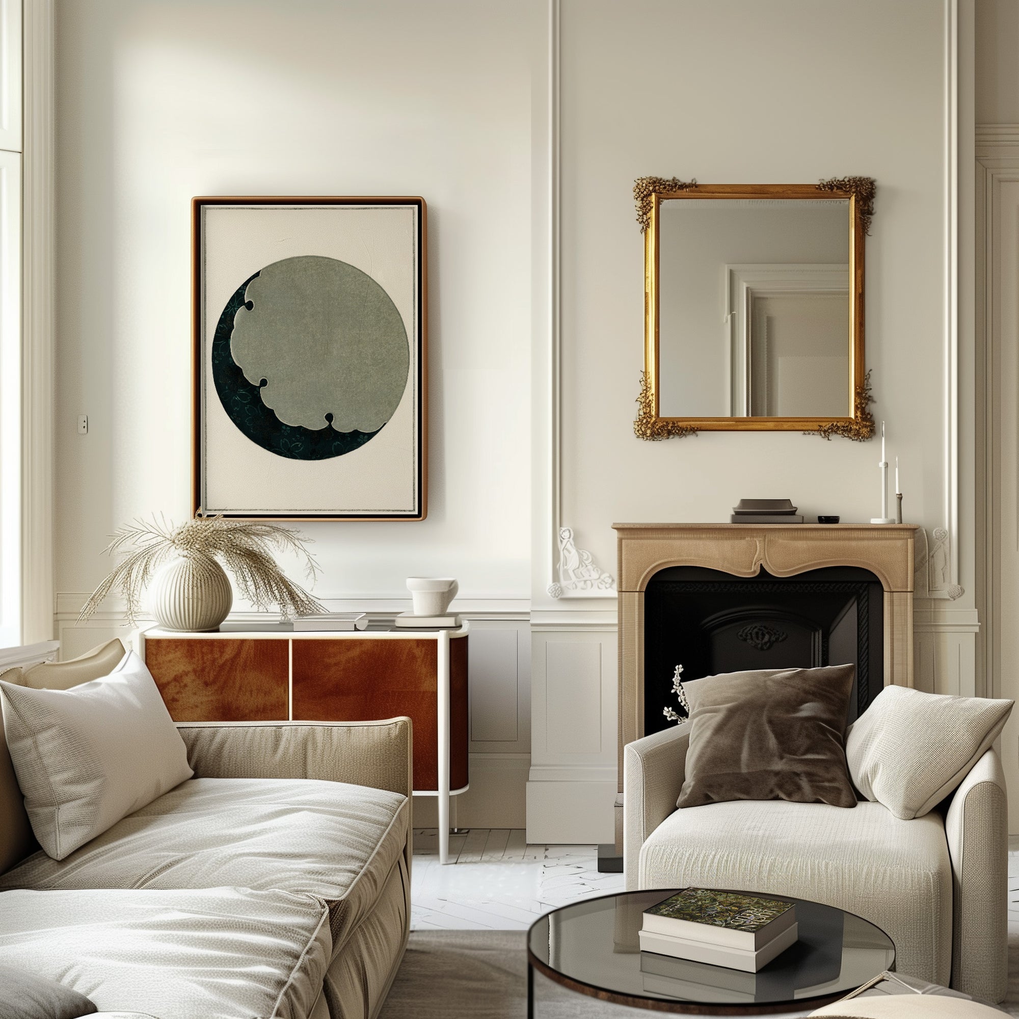 A stylish living room with light-colored walls and furniture, embodying a Japanese aesthetic. A large abstract artwork hangs on the wall above a Moon sideboard holding a vase with dried plants. Above a fireplace with a decorative mirror, two armchairs and a sofa surround a glass-topped coffee table.