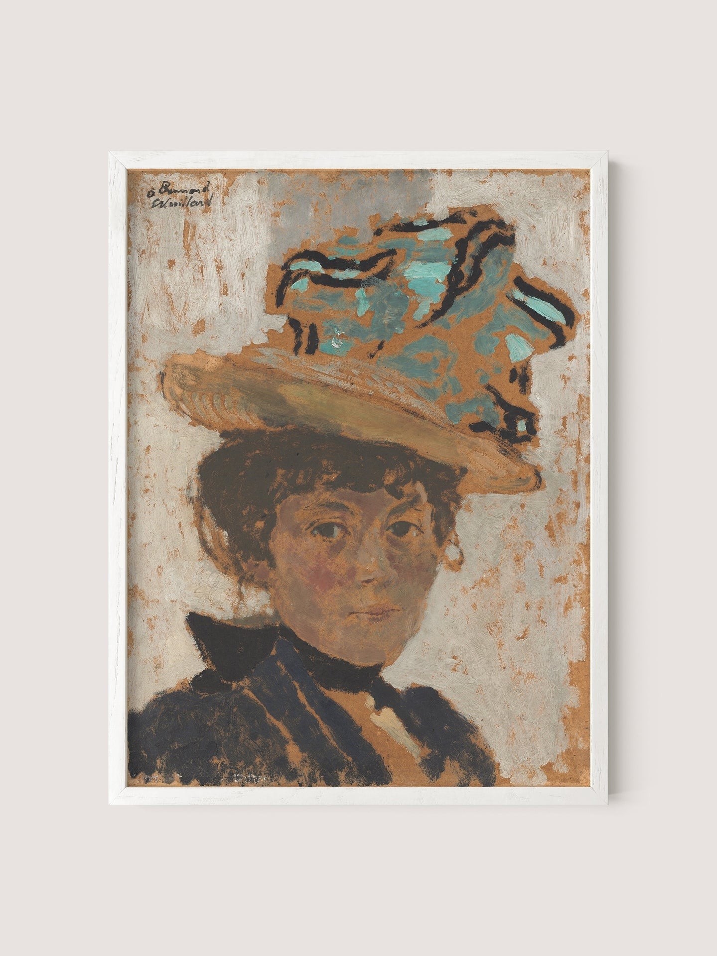 Introducing "Madame Bonnard," a painting print that depicts a woman with short curly hair wearing a wide-brimmed hat adorned with turquoise ribbon. She has a calm expression and is dressed in a dark-colored blouse. Reminiscent of Edouard Vuillard's style, this portrait features textured brushstrokes and a muted color palette, beautifully framed in White Oak.