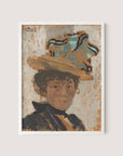 Introducing "Madame Bonnard," a painting print that depicts a woman with short curly hair wearing a wide-brimmed hat adorned with turquoise ribbon. She has a calm expression and is dressed in a dark-colored blouse. Reminiscent of Edouard Vuillard's style, this portrait features textured brushstrokes and a muted color palette, beautifully framed in White Oak.