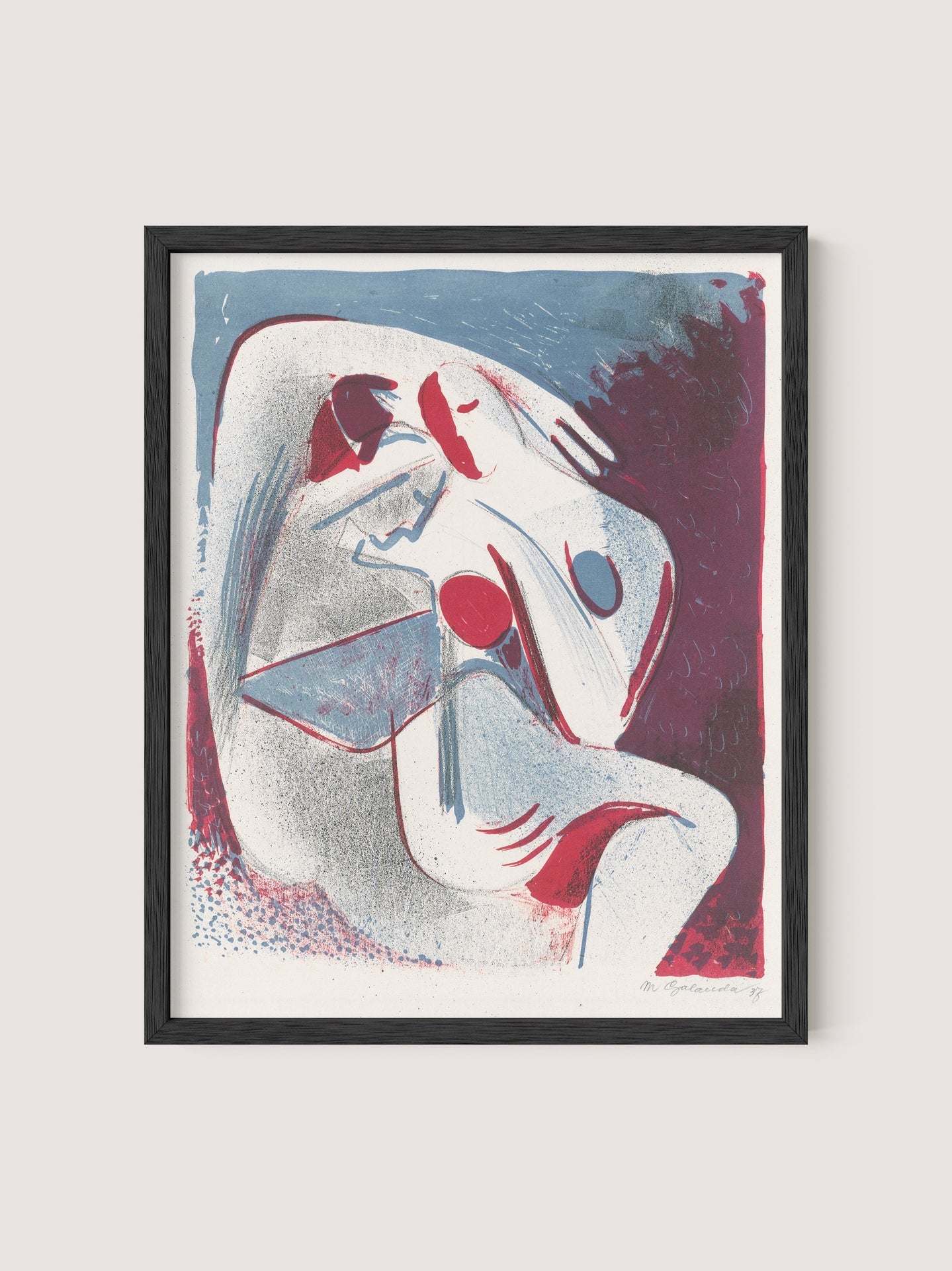 Lovers: Abstract artwork in a black oak frame depicting intertwined figures in fluid, curving lines. Ideal as gallery wall decor, the composition uses a color palette of red, blue, and white, with dynamic and expressive shapes suggesting movement and interaction akin to modern ying-yang art.