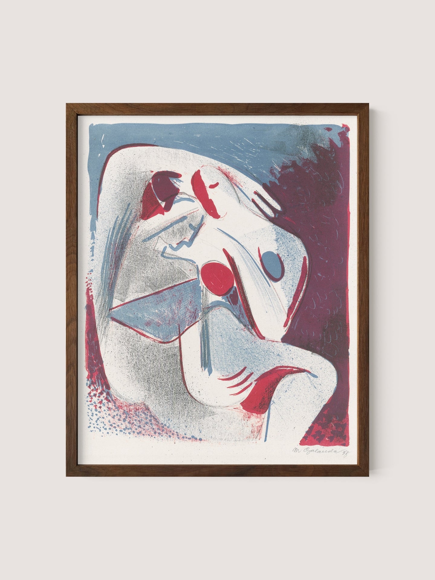 The walnut oak framed artwork, named &quot;Lovers,&quot; features two intertwined human figures depicted with flowing, curvilinear lines in shades of blue, red, and white. This print boasts a minimalistic design and fluid forms that evoke a sense of movement and embrace—perfect for gallery wall decor.