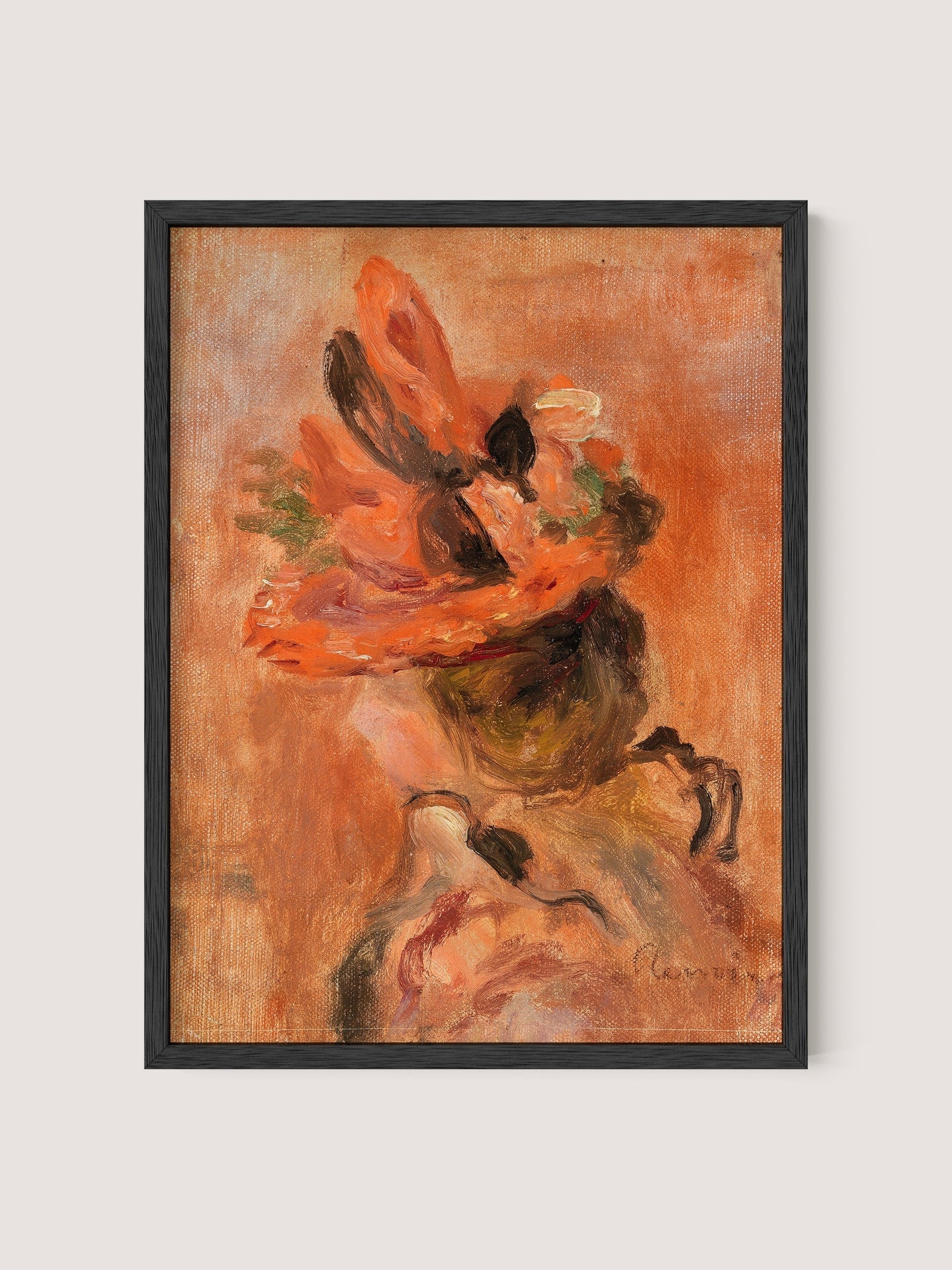 The "Woman’s Head with Red Hat" framed giclée print showcases an abstract figure with vibrant, swirling brushstrokes in predominantly red and orange hues. The figure is wearing a large, elaborate hat adorned with flowers, reminiscent of Renoir's famous artwork, all set against a textured blend of warm colors.