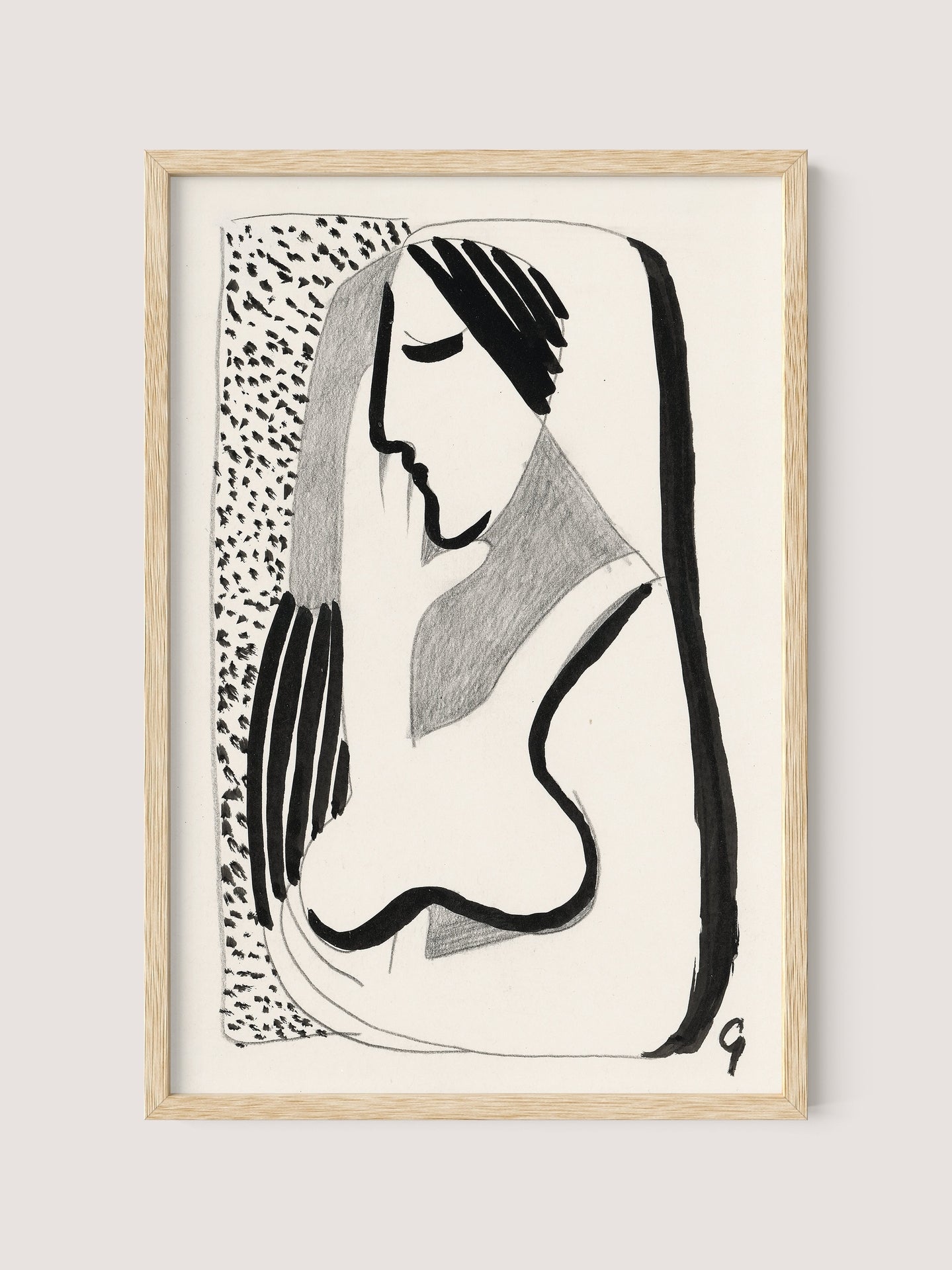 Introducing "Thoughtful Woman," a black and white abstract drawing of a woman with long hair, depicted in a minimalist ink drawing style with bold, flowing lines and contrasting textures. The background features a pattern of small, irregular dots and is framed in elegant Natural Oak—perfect for versatile interior styles.