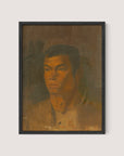 A framed painting titled "Head of a Gypsy Boy" characterized by warm, earthy tones. The young boy has a pensive expression, with prominent shadows defining his facial features. This striking portrait by Ladislav Mednyánszky, set in a black oak frame, features a muted background that blends seamlessly with the sophisticated timeless décor of any space.