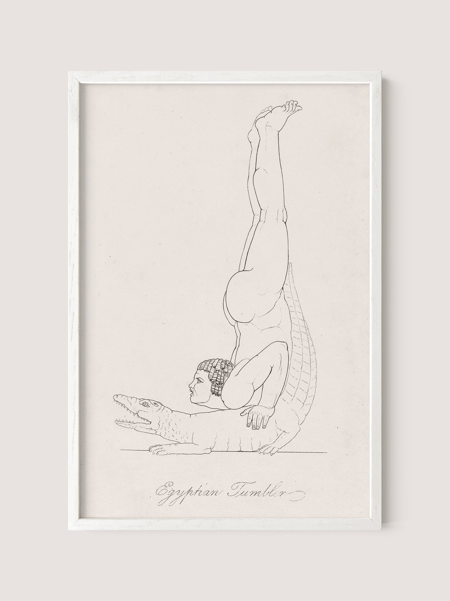 A framed white oak illustration, titled "Egyptian Tumbler," features a person in Egyptian costume balancing on their head with legs extended upward, while posing on the back of a reclining crocodile.