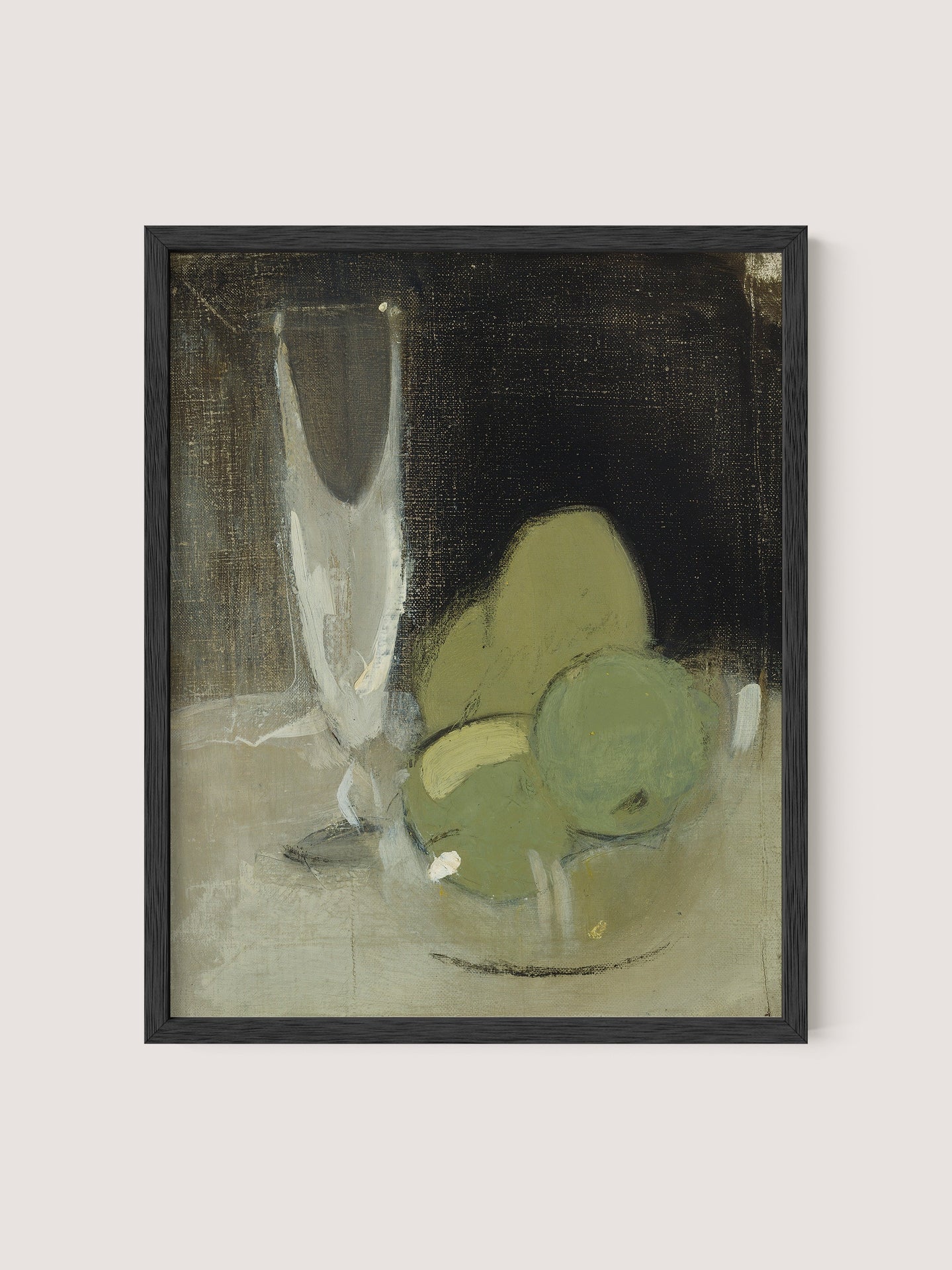 The framed painting titled "Green Apples And Champagne Glass" showcases a still life featuring a glass, three green apples, and a light-colored bowl. Set against a dark background, this piece exudes timeless elegance with its impressionistic style characterized by soft brushstrokes and muted earth tones. The black oak frame enhances the artwork's classic appeal.