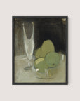 The framed painting titled "Green Apples And Champagne Glass" showcases a still life featuring a glass, three green apples, and a light-colored bowl. Set against a dark background, this piece exudes timeless elegance with its impressionistic style characterized by soft brushstrokes and muted earth tones. The black oak frame enhances the artwork's classic appeal.