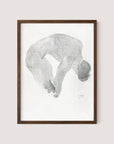 A framed, minimalist pencil drawing titled "Bending Nude" by artist Reijer Johan Antonie Stolk portrays an intimate portrait of a person in a curved, balletic pose. The figure's head is down, knees bent, and arms reaching toward the feet. The artwork is elegantly enclosed in a walnut oak frame that contrasts beautifully with the soft shading and outline on white paper.