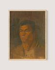 The framed painting titled "Head of a Gypsy Boy" by Ladislav Mednyánszky features a man's face and upper torso. The artwork employs a warm, earthy color palette with shades of brown, orange, and yellow. The man wears a neutral expression while the background is blurred and dark, creating a subdued atmosphere—making it truly sophisticated timeless décor. Encased in a Natural Oak frame, this piece adds an exquisite touch to any space.