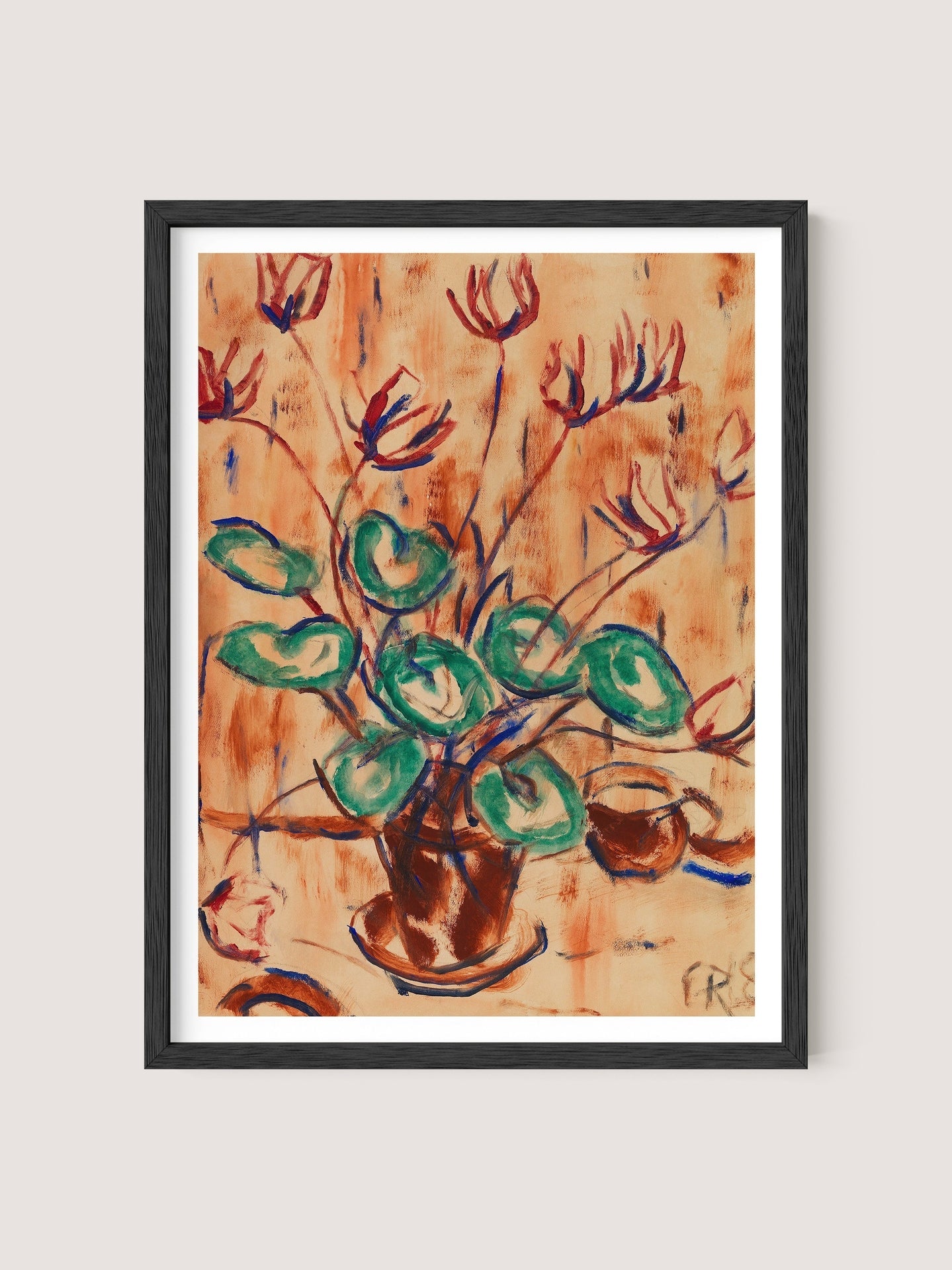 Framed painting titled "Cyclamen" featuring potted flowers with red and green leaves on a beige background. The brushstrokes are abstract and expressive, reminiscent of an expressionist painter's work, giving the artwork a dynamic and vibrant feel. The frame is crafted from black oak, contrasting beautifully with the light earth tones.