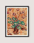 Framed painting titled "Cyclamen" featuring potted flowers with red and green leaves on a beige background. The brushstrokes are abstract and expressive, reminiscent of an expressionist painter's work, giving the artwork a dynamic and vibrant feel. The frame is crafted from black oak, contrasting beautifully with the light earth tones.