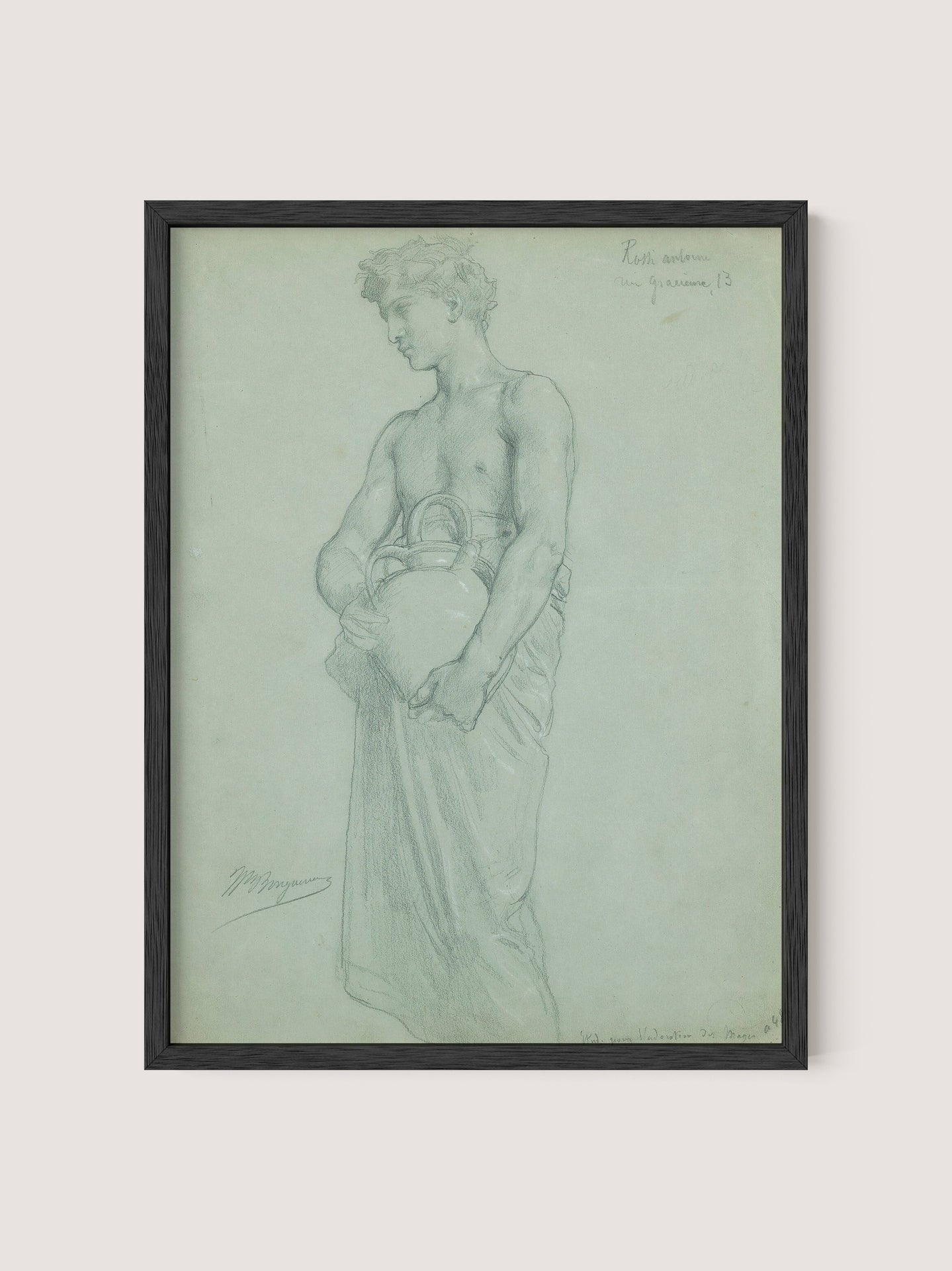 The framed sketch titled "Study For L'adoration Des Mages" beautifully captures a person draped in cloth, holding a large vessel with both hands. Standing in profile with a serene expression and adorned with a laurel wreath, the figure radiates timeless beauty. The blank background accentuates the sophisticated and detailed pencil work, reminiscent of Bouguereau's style, all elegantly presented in a Black Oak frame.