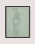 The framed sketch titled "Study For L'adoration Des Mages" beautifully captures a person draped in cloth, holding a large vessel with both hands. Standing in profile with a serene expression and adorned with a laurel wreath, the figure radiates timeless beauty. The blank background accentuates the sophisticated and detailed pencil work, reminiscent of Bouguereau's style, all elegantly presented in a Black Oak frame.