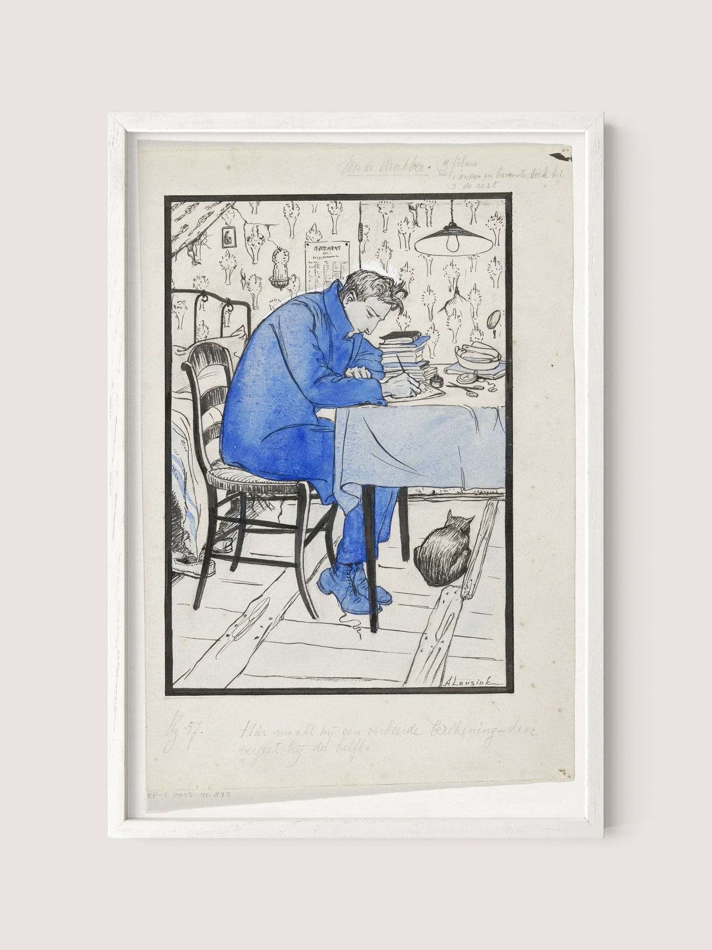 The Writer," framed in a white oak finish, is a delicate pencil line illustration of a melancholic figure dressed in blue, resting their head on a table with a small book in hand. A black cat sits at their feet. The room features wallpaper adorned with hanging tools and utensils, suggesting an intertwined creative process.