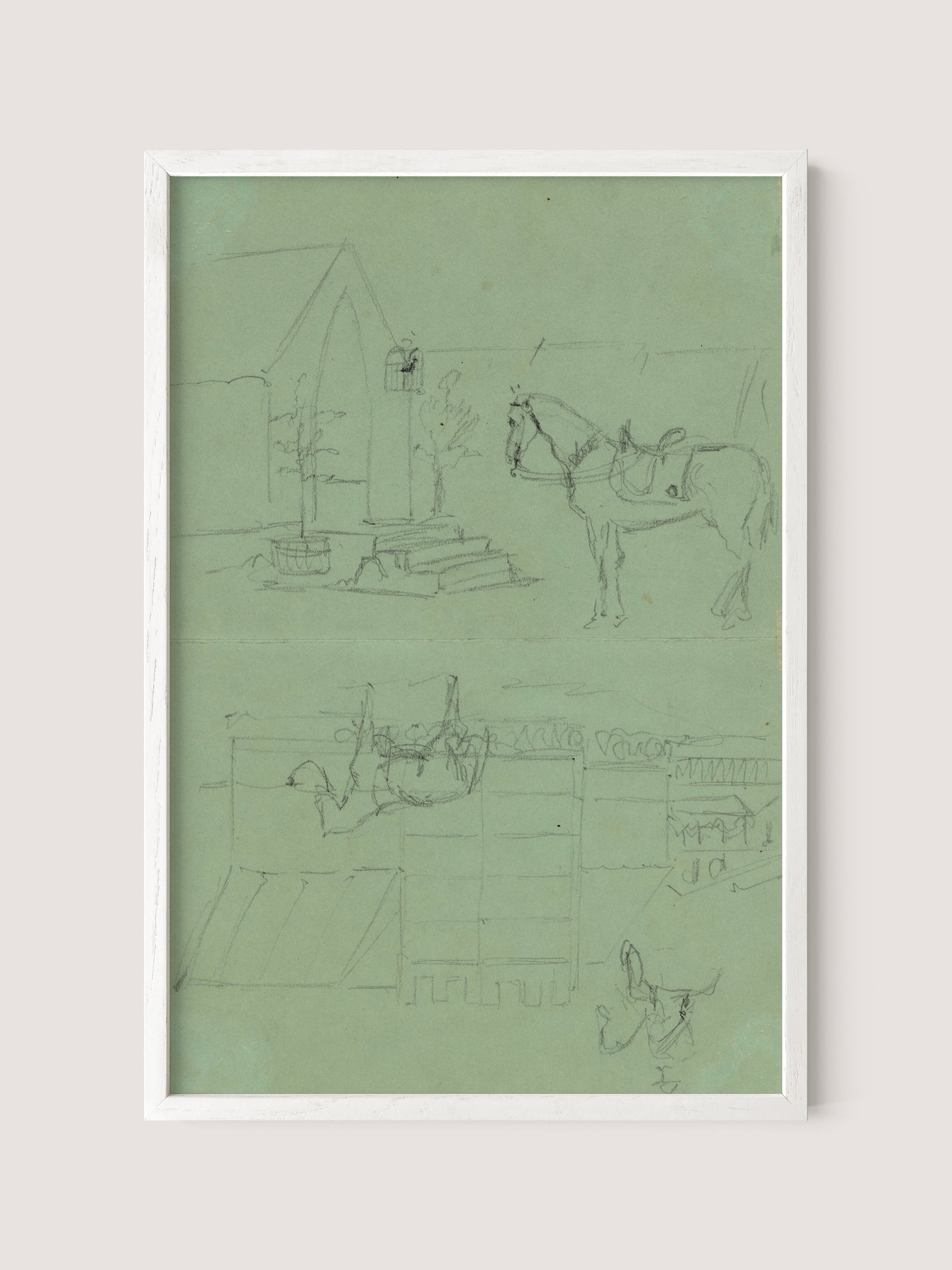 A sketch print on White Oak depicts two separate scenes. The top scene shows a horse standing next to a building with an arched entrance, capturing a rare rest during wartime. The bottom scene features architectural elements and another horse with a rider, both simple and unshaded, reminiscent of Alfred R. Waud's style.