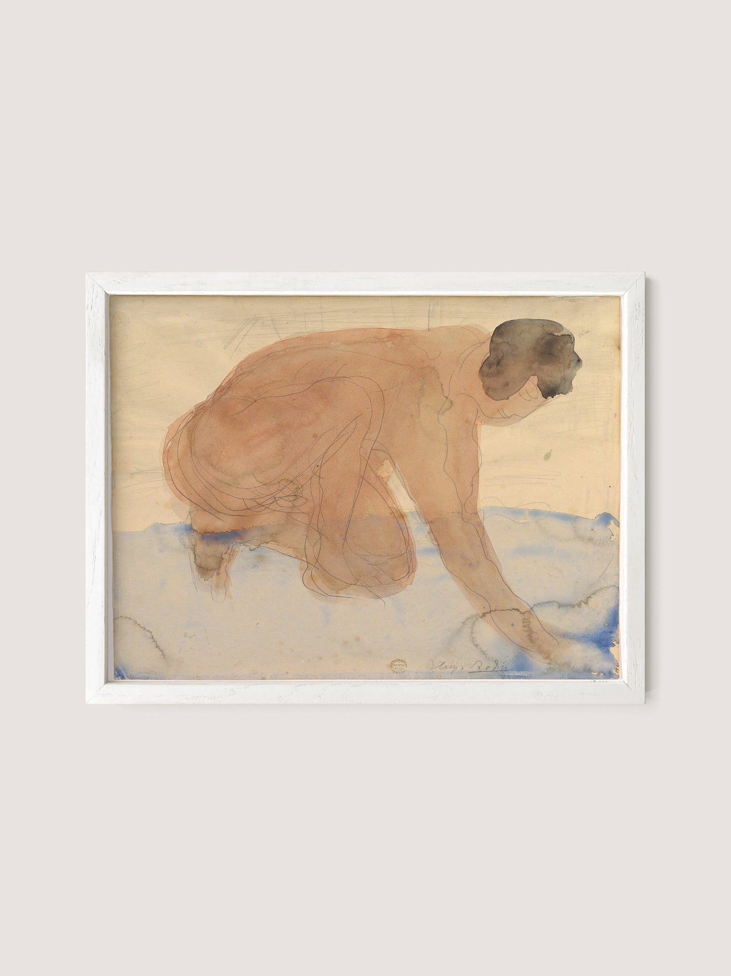 The framed "Nude Figure on Hands and Knees" painting by Rodin showcases a nude figure crouched down, characterized by brown hair and a light skin tone. Blue and beige tones create a marine-inspired backdrop, and the strokes are light and loose, evoking an impressionistic feel, all set in a White Oak frame.