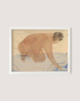 The framed "Nude Figure on Hands and Knees" painting by Rodin showcases a nude figure crouched down, characterized by brown hair and a light skin tone. Blue and beige tones create a marine-inspired backdrop, and the strokes are light and loose, evoking an impressionistic feel, all set in a White Oak frame.