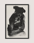 Seated Woman" is a framed black and white portrait by Nan Lurie featuring a person with a muscular build. The subject, embodying the essence of urban and working-class life, appears to be in deep thought, with one arm bent and the other resting on it. Their head is slightly bowed under a shadowy hat or head covering. The frame is finished in elegant Black Oak.