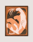 Swan Study I features an abstract composition of intertwined organic shapes in shades of brown, white, and peach, framed in a walnut oak frame against a light gray background. The flat rendering of the shapes creates a sense of fluidity and movement, reminiscent of a poetic dance.