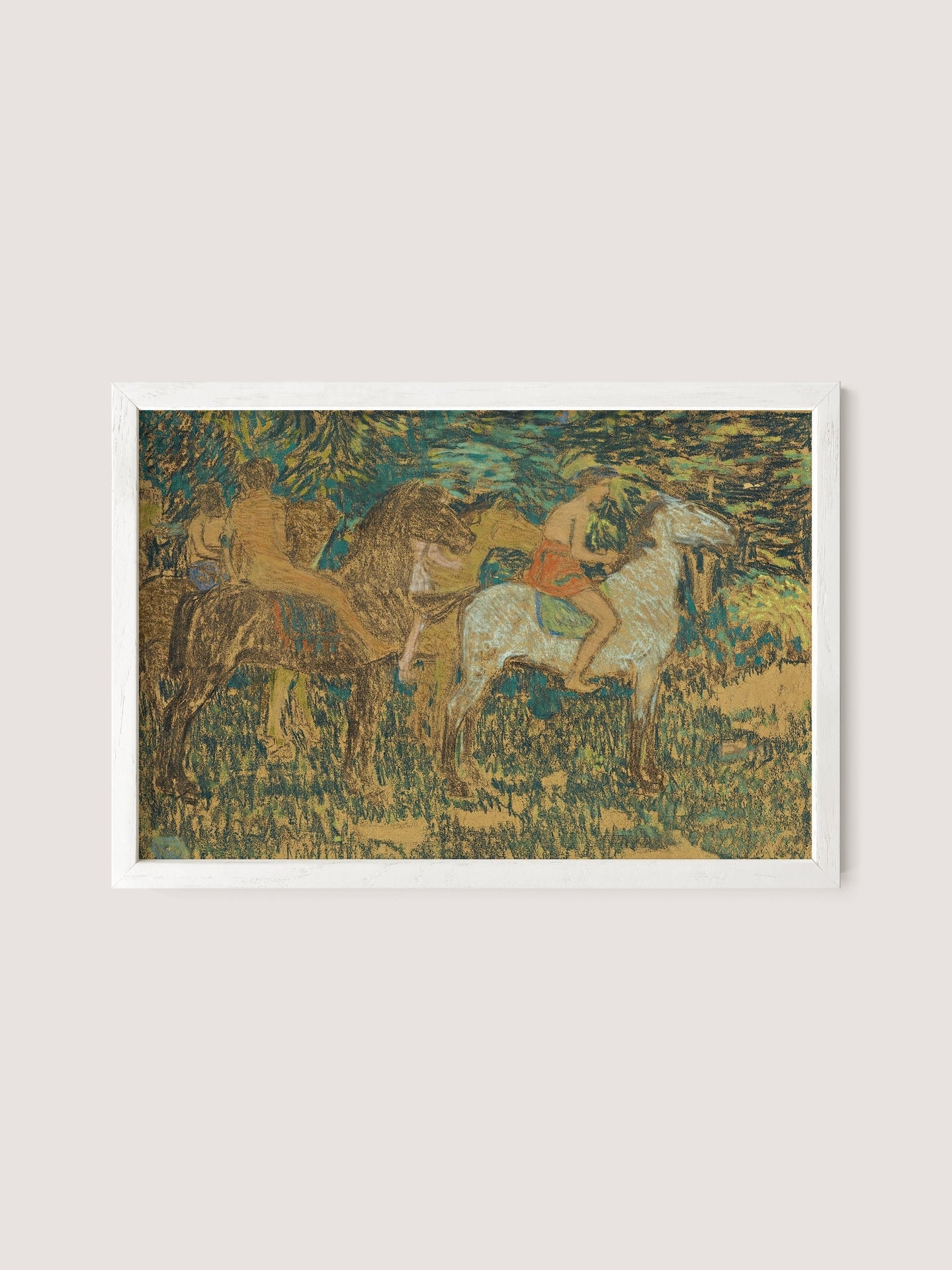 A white oak framed painting, titled "Horsemen (Procession)," depicts three horseback riders amidst a green and yellow textured landscape. Rendered in an impressionist style, the horses are in motion with the riders holding onto the reins. The background includes lush greenery, adding depth to the scene.