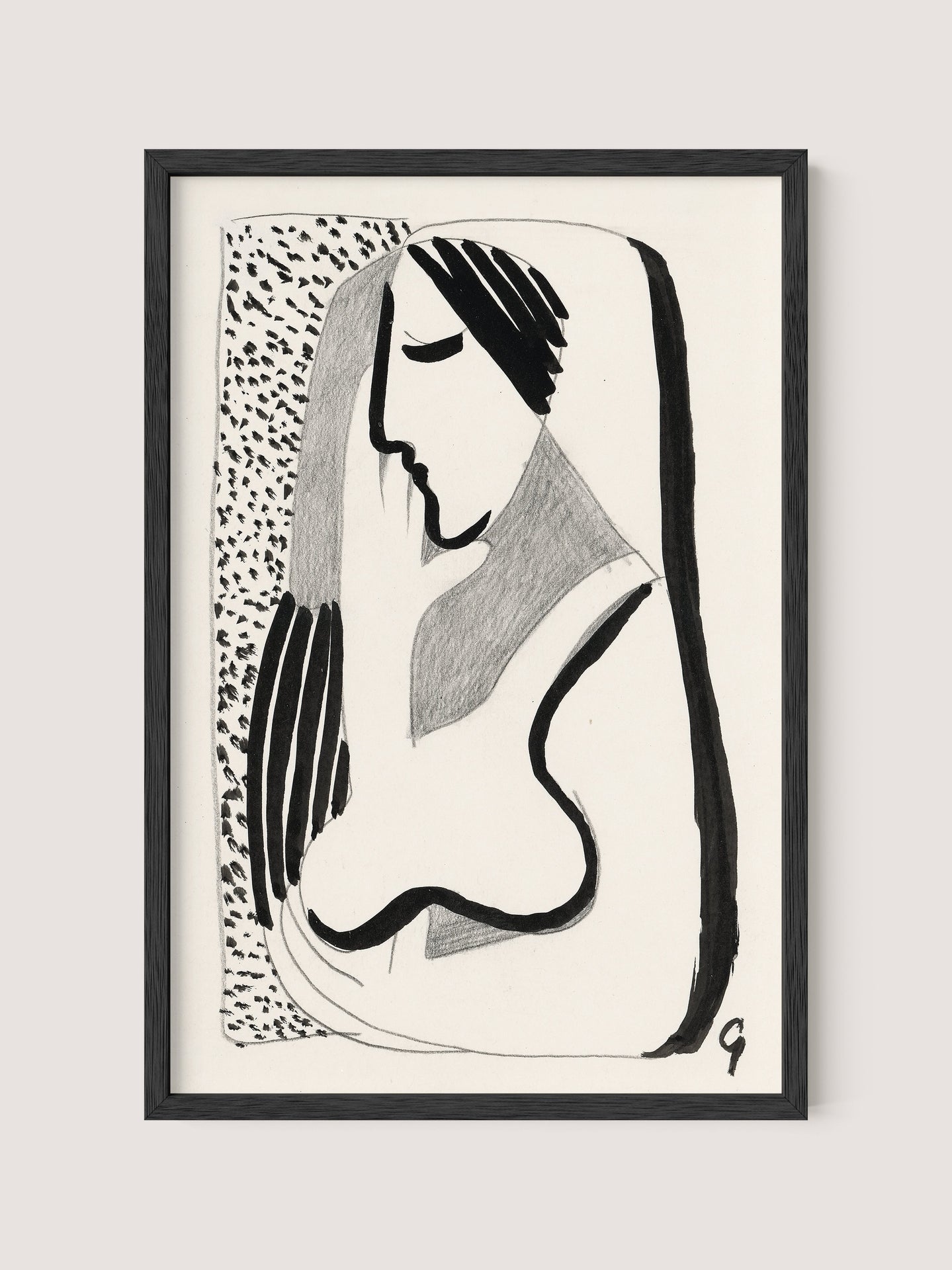 Introducing "Thoughtful Woman," a framed black and white minimalist ink drawing of a woman with long hair. The minimalist lines elegantly depict the figure's side profile, emphasizing her face and upper body. The background features a speckled pattern, making it versatile for various interior styles. Set in a sleek Black Oak frame, the artwork is signed by the artist in the bottom right corner.