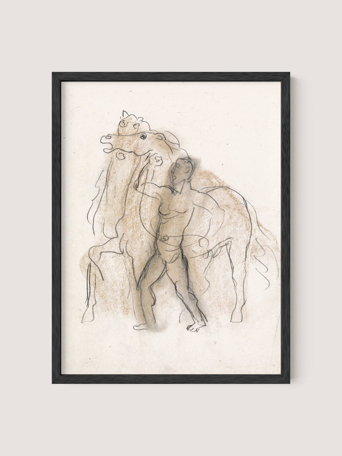 The product Man & Horses, with a black oak frame, showcases a minimalist sketch inspired by Leo Gestel's style. It features a human figure standing beside majestic horses, all rendered in simple, overlapping lines and subtle shading using rich brown conte on a plain background.