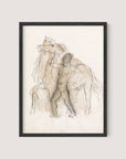 The product Man & Horses, with a black oak frame, showcases a minimalist sketch inspired by Leo Gestel's style. It features a human figure standing beside majestic horses, all rendered in simple, overlapping lines and subtle shading using rich brown conte on a plain background.