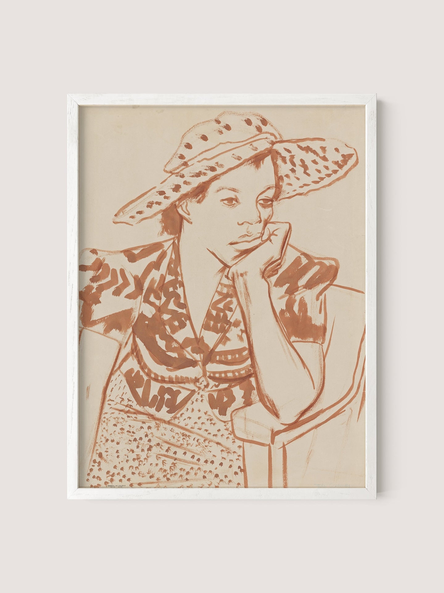 A framed line drawing titled "Seated Woman With Hat at Studio" in a white oak finish. The artwork depicts a woman sitting with her chin resting on her hand, wearing a hat adorned with a leopard print pattern and a patterned top. The minimalistic style highlights the woman's contemplative expression, making it an ideal piece for any gallery wall, evoking the essence of Works Progress Association art.