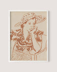 A framed line drawing titled "Seated Woman With Hat at Studio" in a white oak finish. The artwork depicts a woman sitting with her chin resting on her hand, wearing a hat adorned with a leopard print pattern and a patterned top. The minimalistic style highlights the woman's contemplative expression, making it an ideal piece for any gallery wall, evoking the essence of Works Progress Association art.